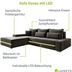 Sofa Davos mit LED Gemütliche Couch in L-Form mit Schlaffunktion