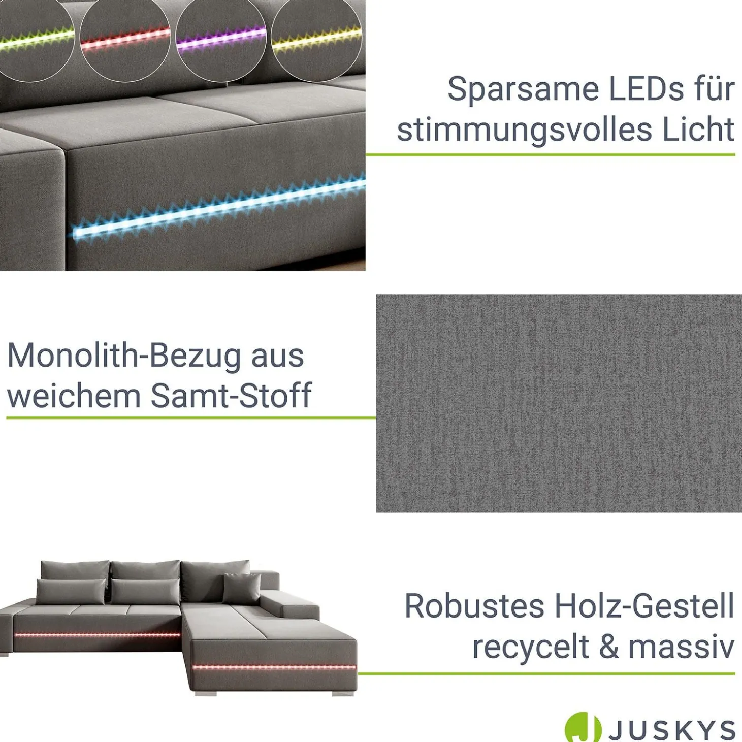 Sofa Davos mit LED Gemütliche Couch in L-Form mit Schlaffunktion