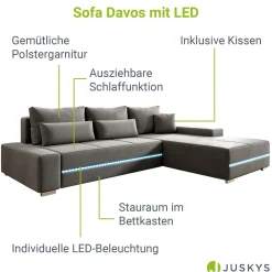 Sofa Davos mit LED Gemütliche Couch in L-Form mit Schlaffunktion