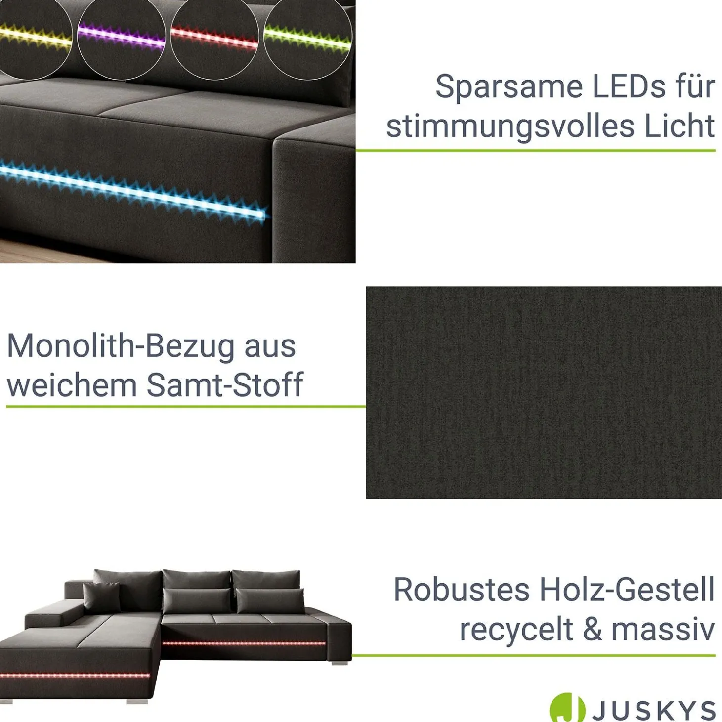 Sofa Davos mit LED Gemütliche Couch in L-Form mit Schlaffunktion