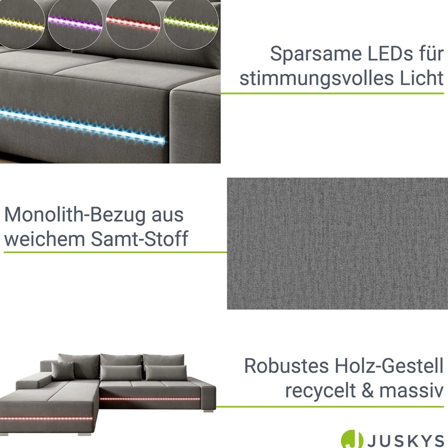 Sofa Davos mit LED Gemütliche Couch in L-Form mit Schlaffunktion
