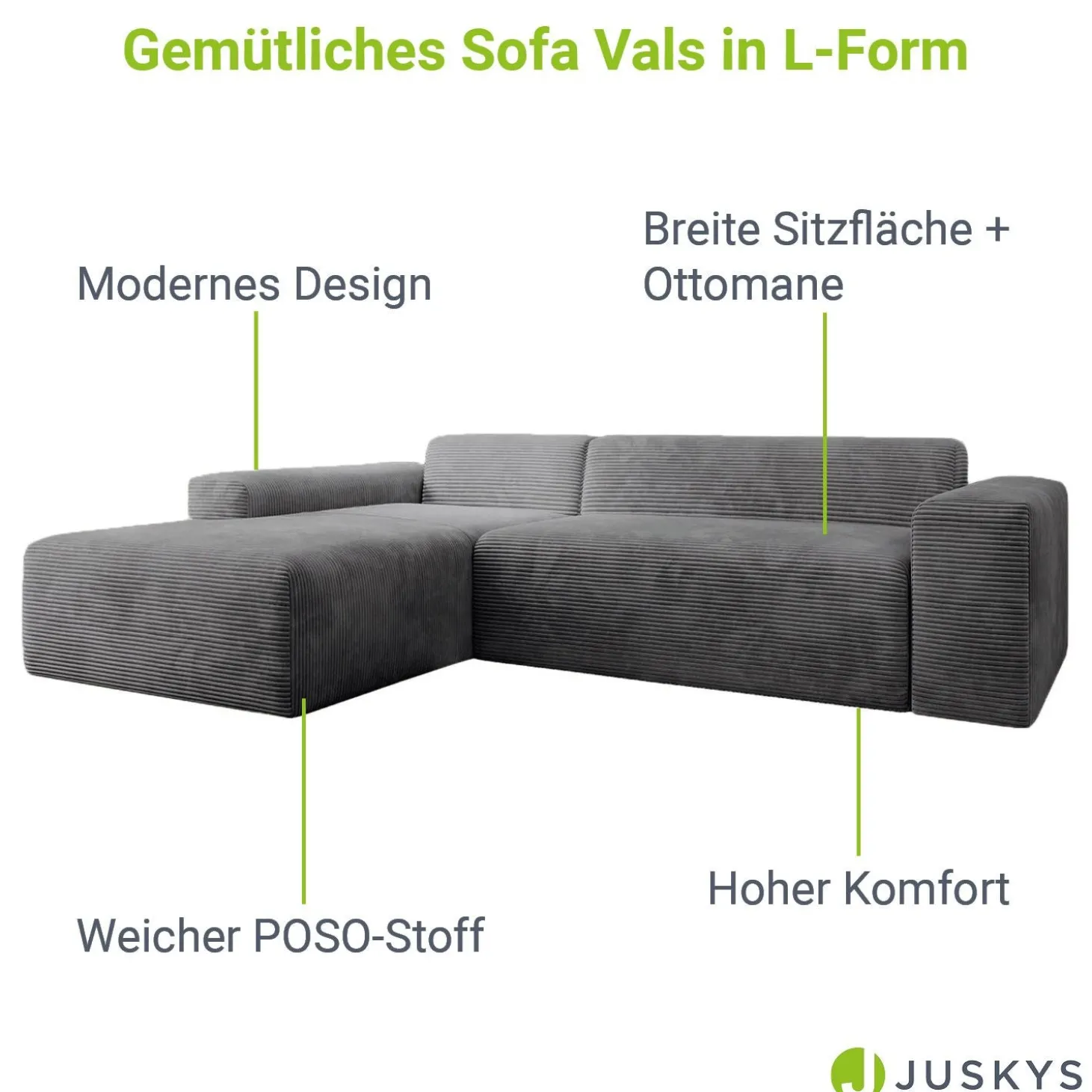 Sofa in L-Form Vals Gemütliche Couch in Cord-Optik