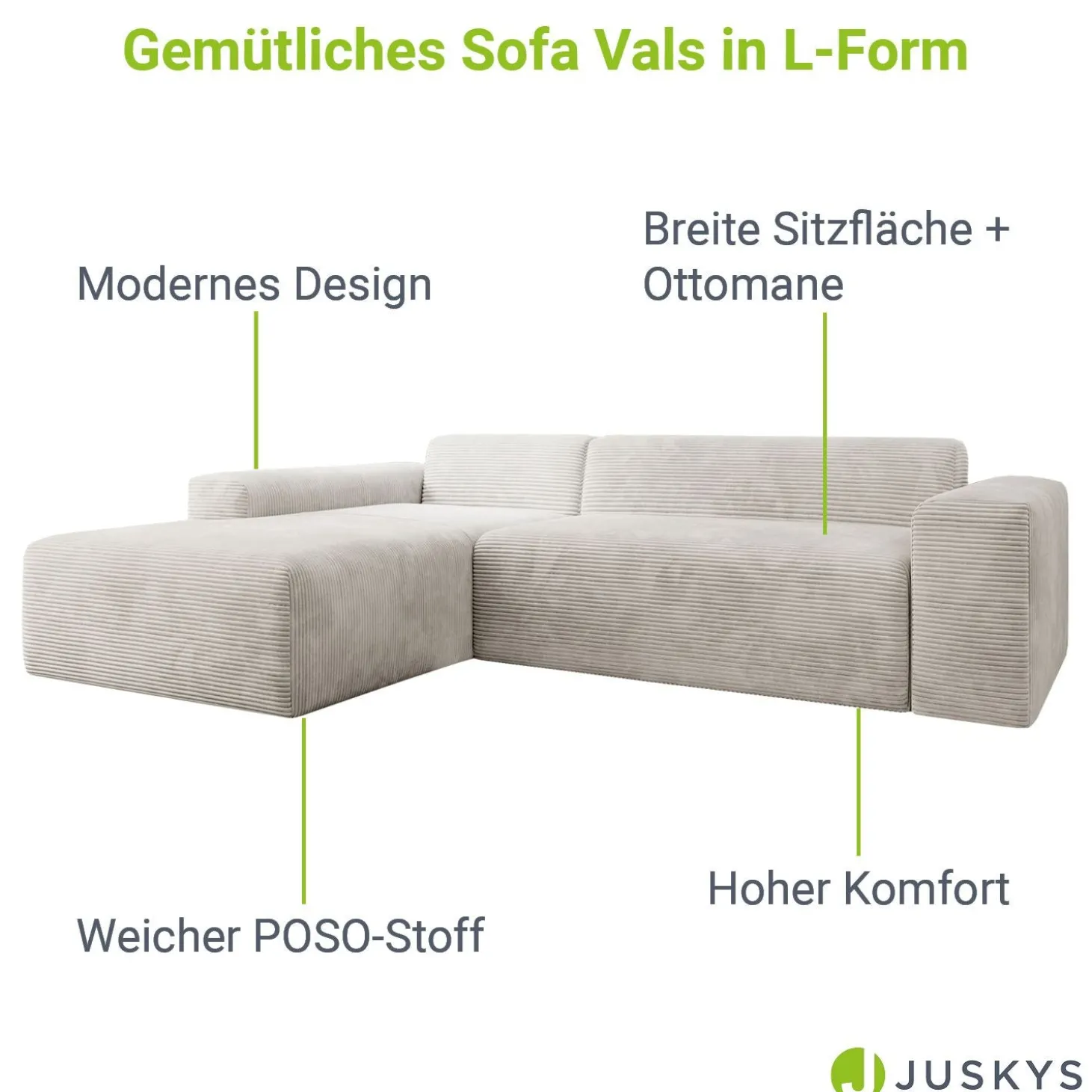 Sofa in L-Form Vals Gemütliche Couch in Cord-Optik