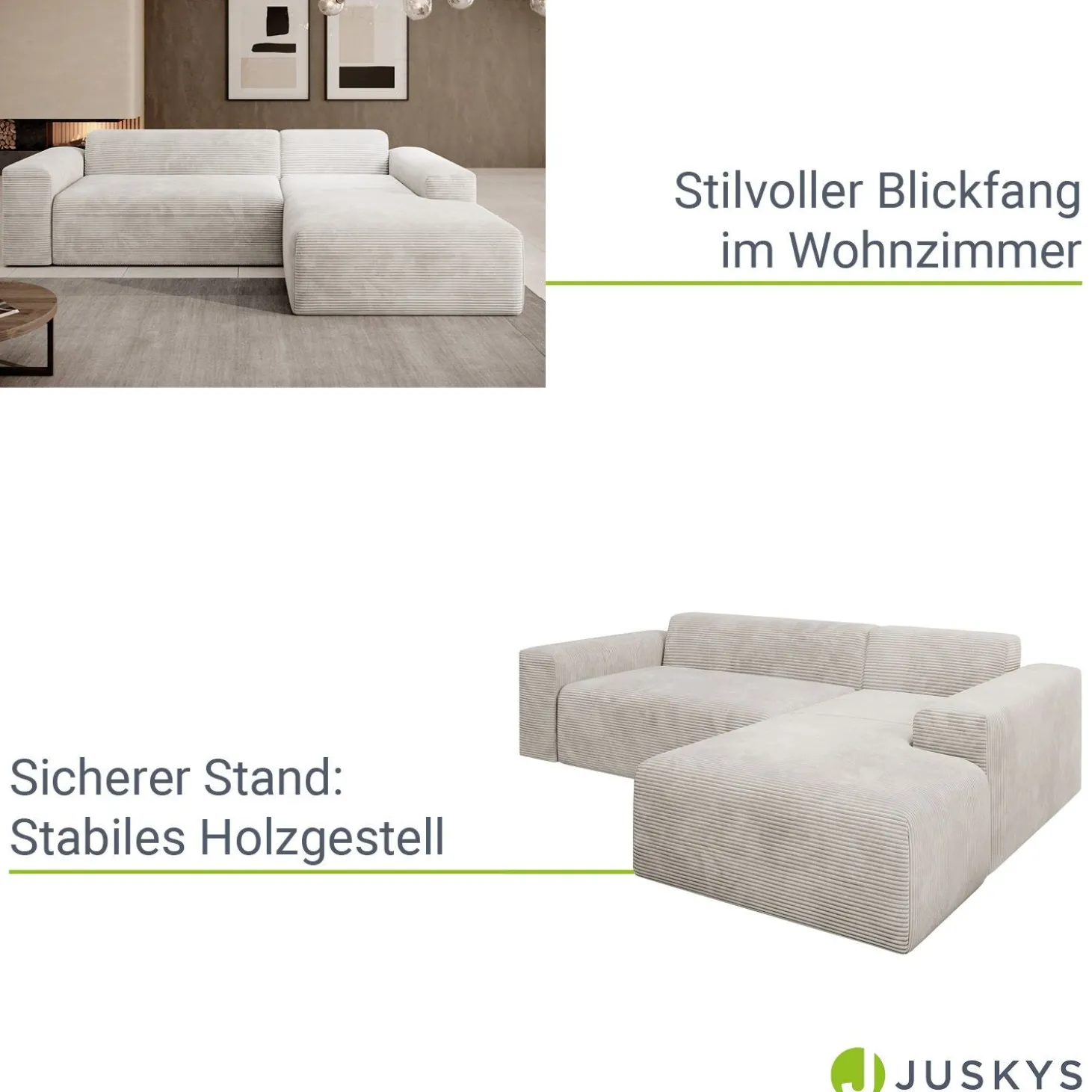 Sofa in L-Form Vals Gemütliche Couch in Cord-Optik