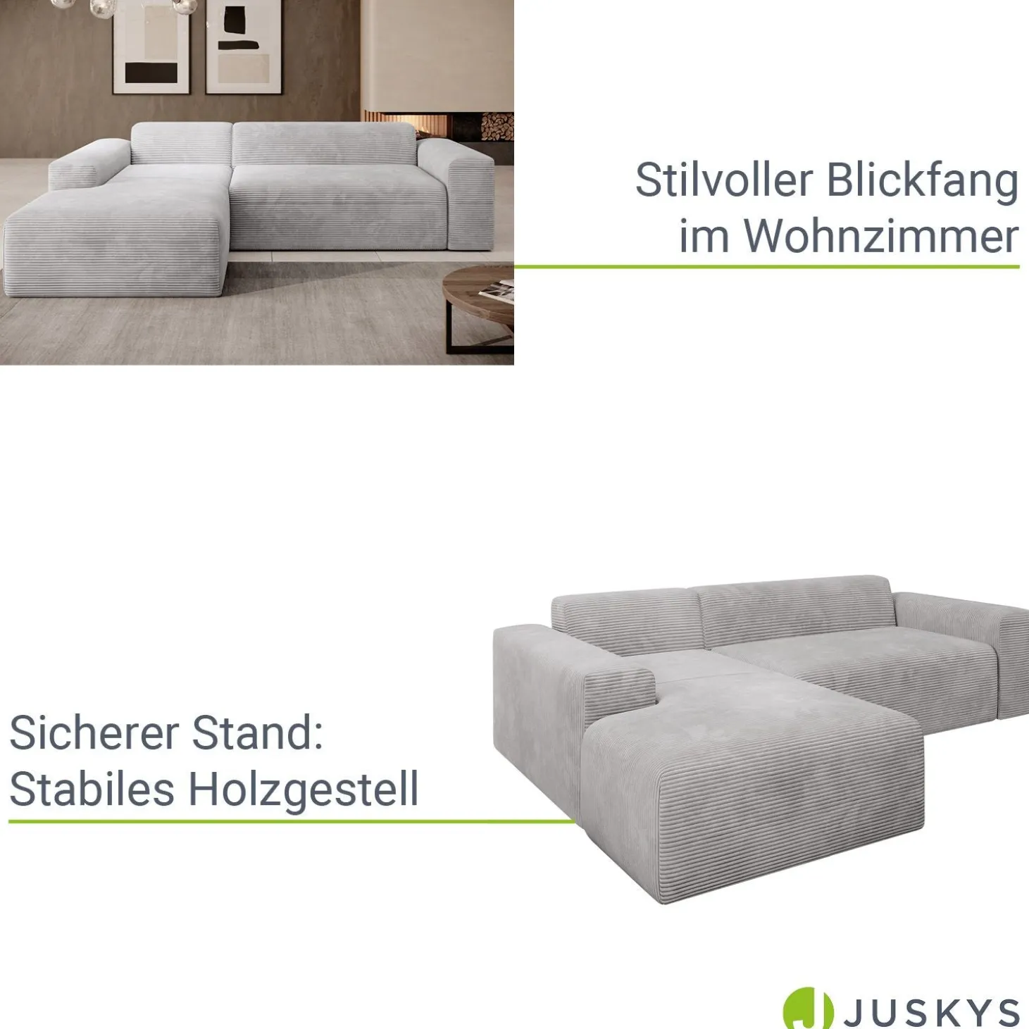Sofa in L-Form Vals Gemütliche Couch in Cord-Optik