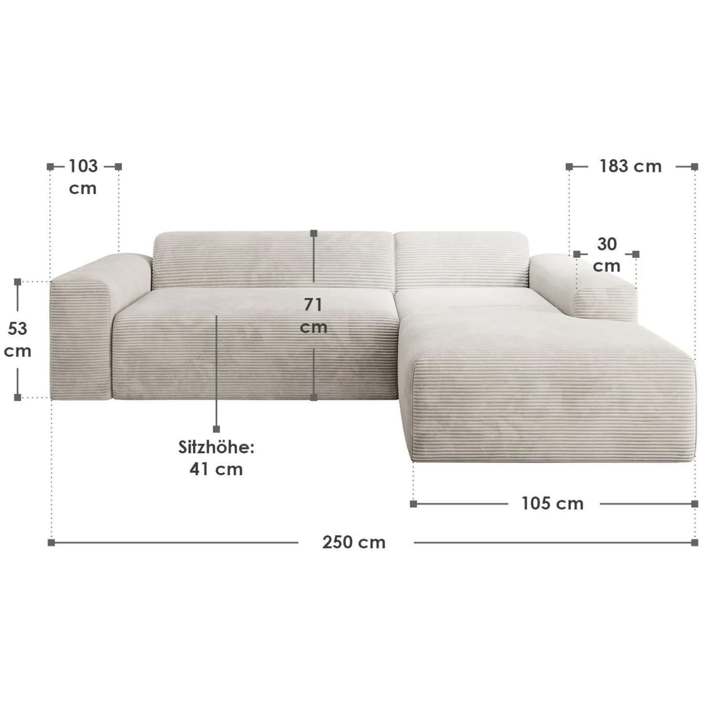 Sofa in L-Form Vals Gemütliche Couch in Cord-Optik