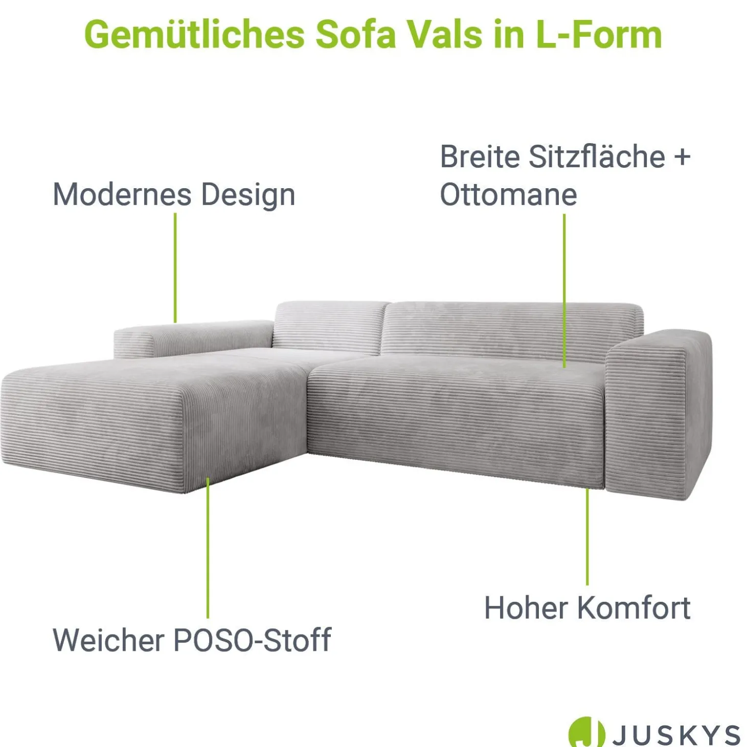 Sofa in L-Form Vals Gemütliche Couch in Cord-Optik