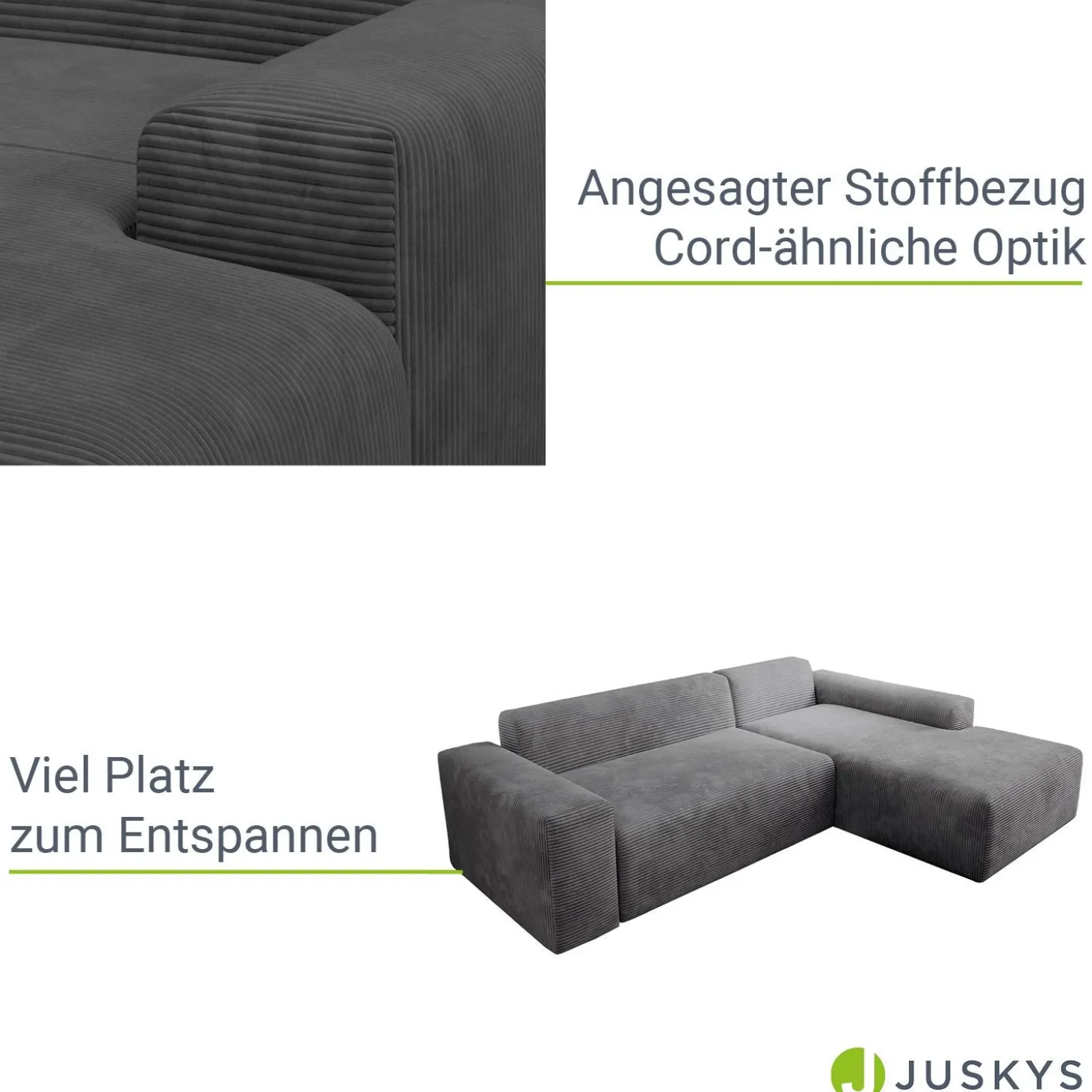 Sofa in L-Form Vals Gemütliche Couch in Cord-Optik