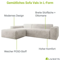Sofa in L-Form Vals Gemütliche Couch in Cord-Optik