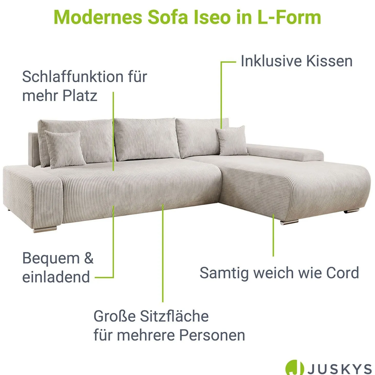 Sofa Iseo mit Schlaffunktion Trendige & bequeme Couch mit Cord-ähnlichem Stoff