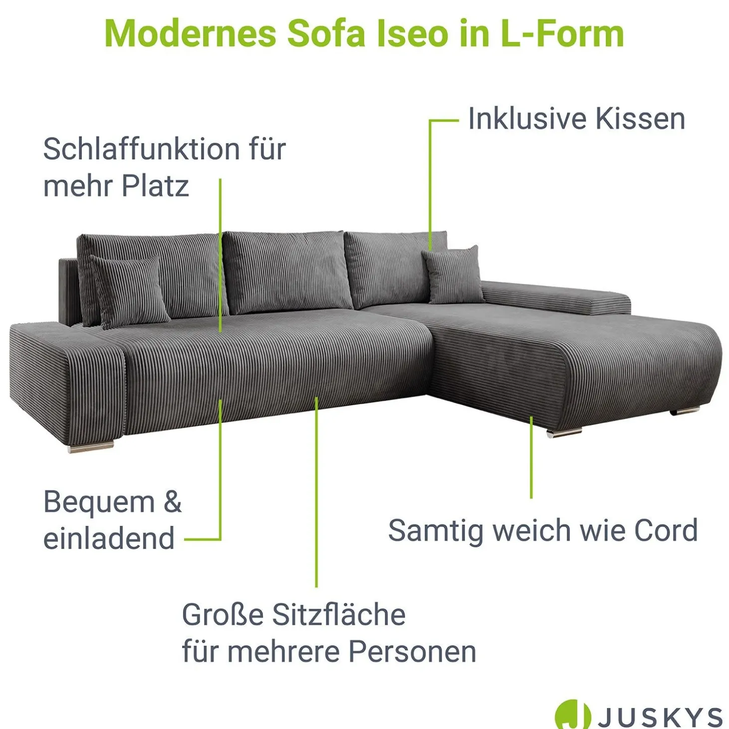 Sofa Iseo mit Schlaffunktion Trendige & bequeme Couch mit Cord-ähnlichem Stoff