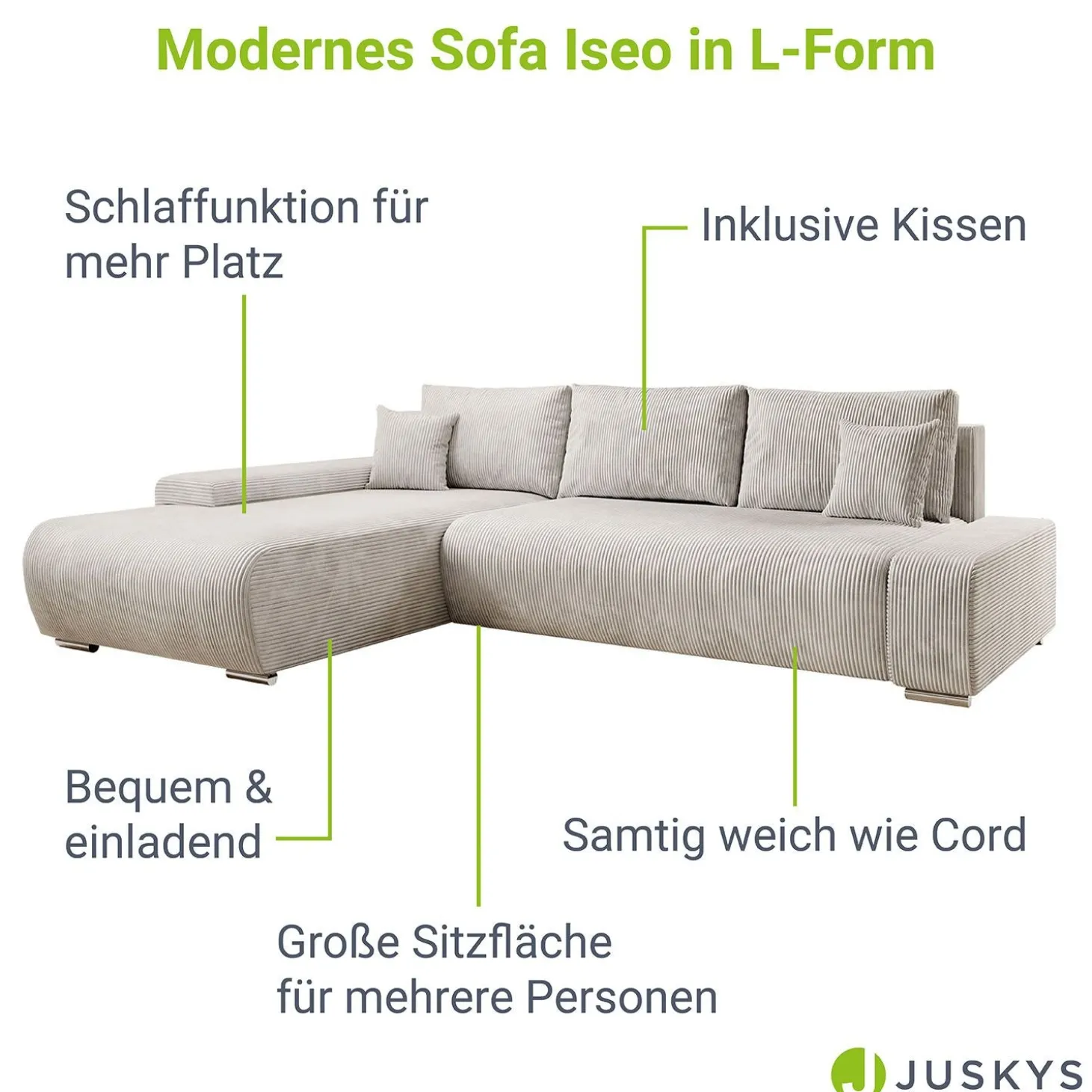 Sofa Iseo mit Schlaffunktion Trendige & bequeme Couch mit Cord-ähnlichem Stoff