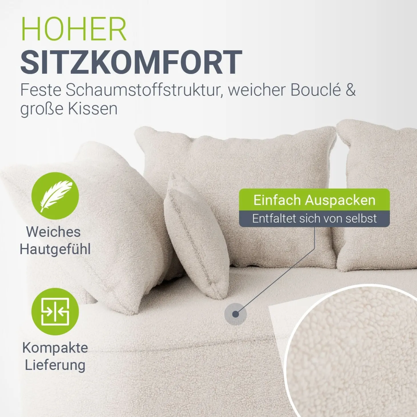 Sofa Tirano mit Ottomane & Dekokissen Gemütliche Couch mit Schaumstoff und Boxspringkern