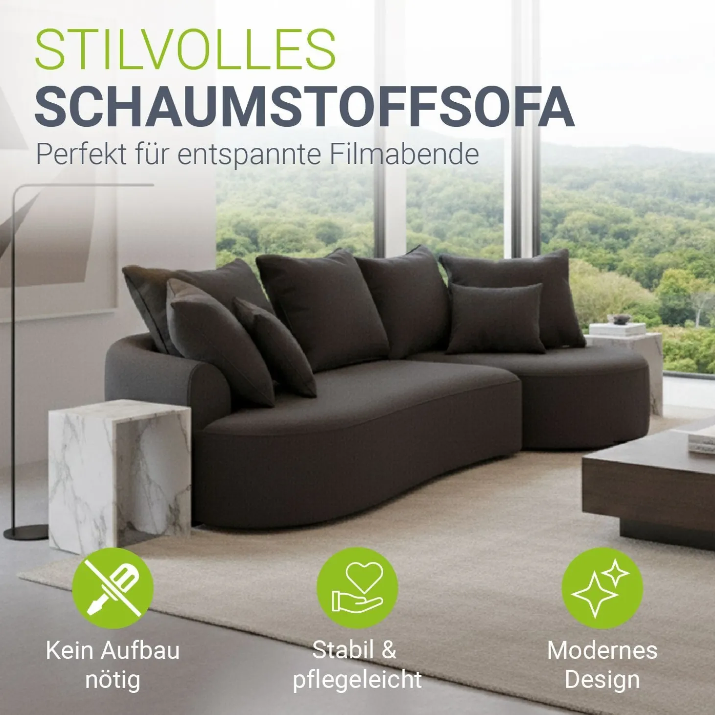 Sofa Tirano mit Ottomane & Dekokissen Gemütliche Couch mit Schaumstoff und Boxspringkern
