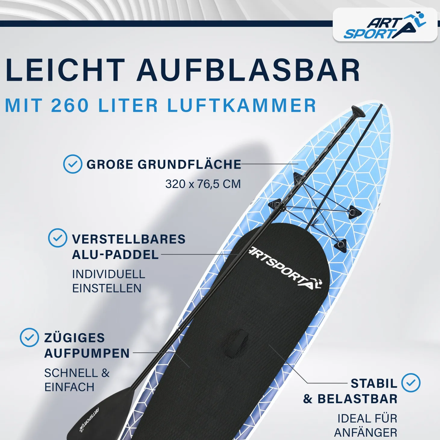 Stand Up Paddling Board - Komplett Set Aufblasbares SUP mit Paddel, Tasche, Leine & Zubehör