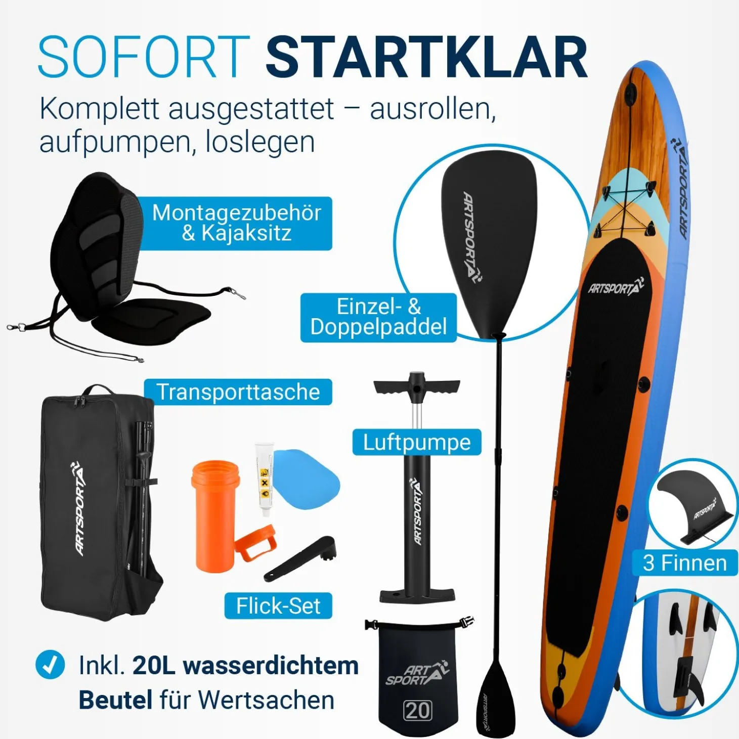 Stand Up Paddling Board mit Kajaksitz Aufblasbares SUP mit integrierter Action-Cam-Halterung