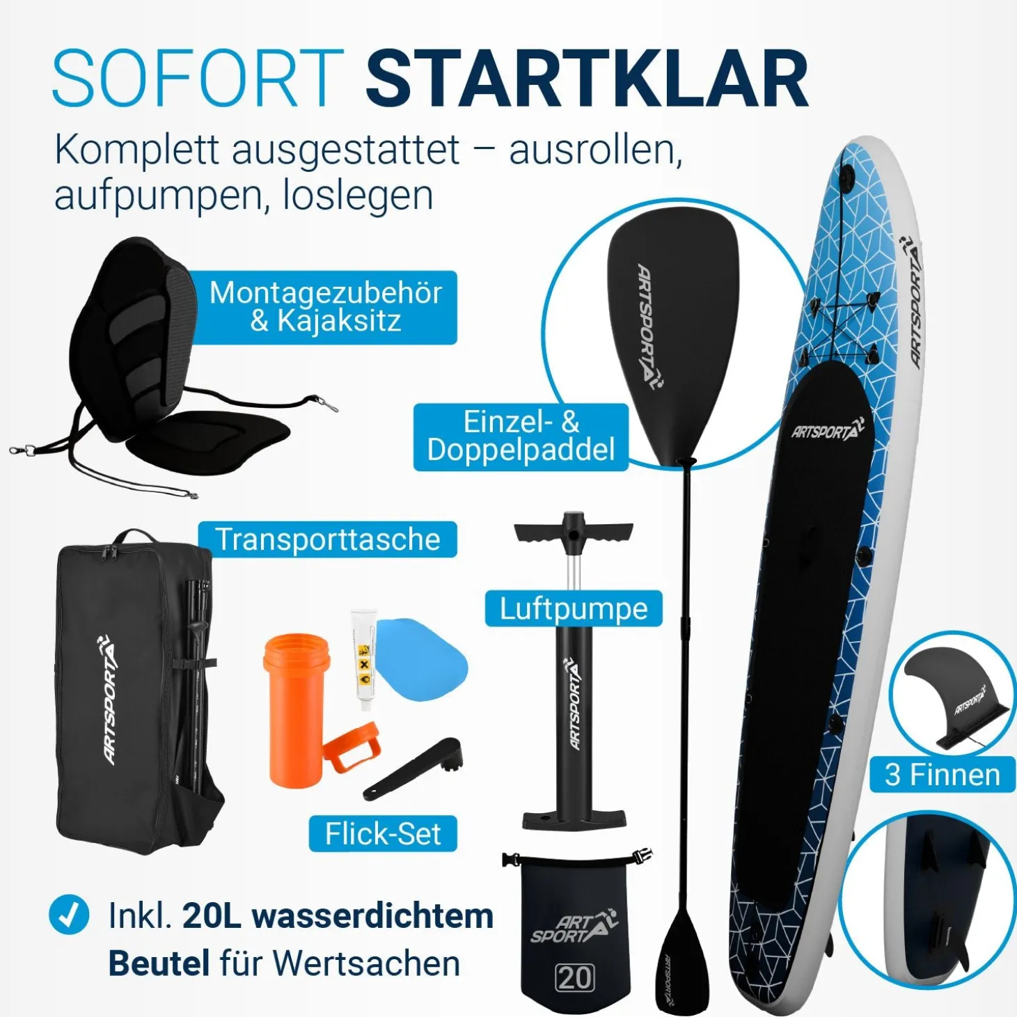 Stand Up Paddling Board mit Kajaksitz Aufblasbares SUP mit integrierter Action-Cam-Halterung