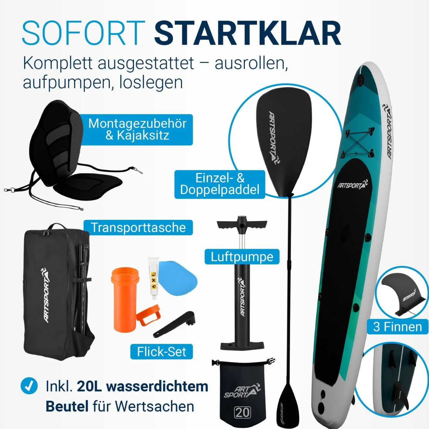 Stand Up Paddling Board mit Kajaksitz Aufblasbares SUP mit integrierter Action-Cam-Halterung