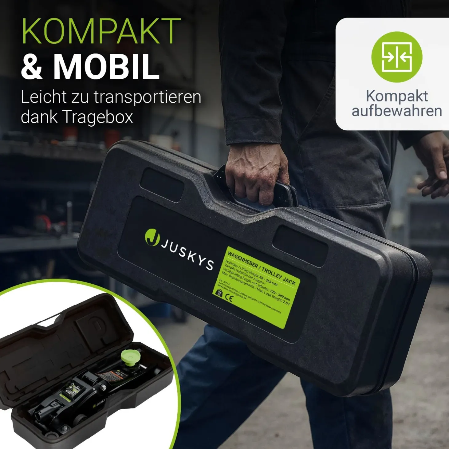 Wagenheber 2,5 t mit Transportbox Rangierwagenheber hydraulisch aus Stahl mit Zubehörset