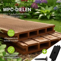 WPC Terrassendielen in Teak Komplettset, inkl. Unterkonstruktion, Clips & Schrauben